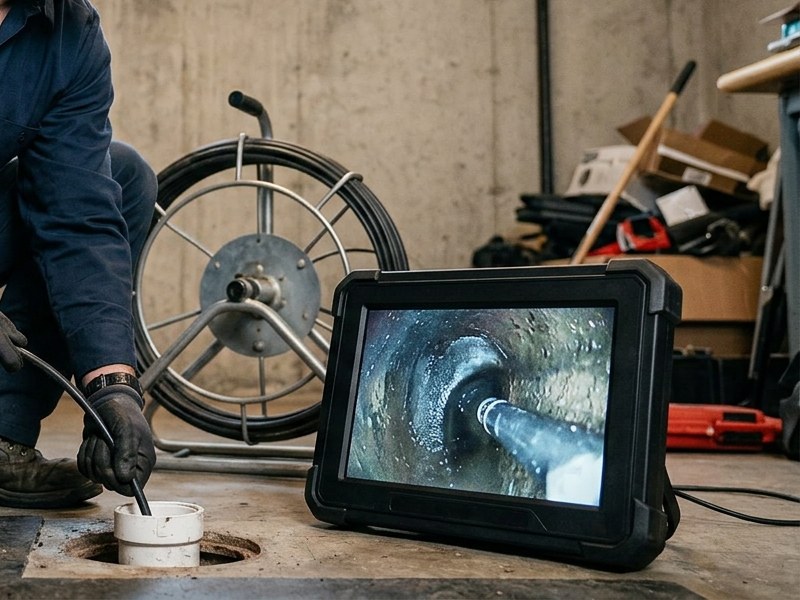 Real-time digital sewer camera monitor showing cracked sewer line in Burleson, TX
